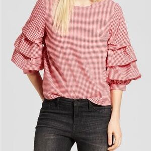 Red Checkered Ruffle Sleeve Blouse